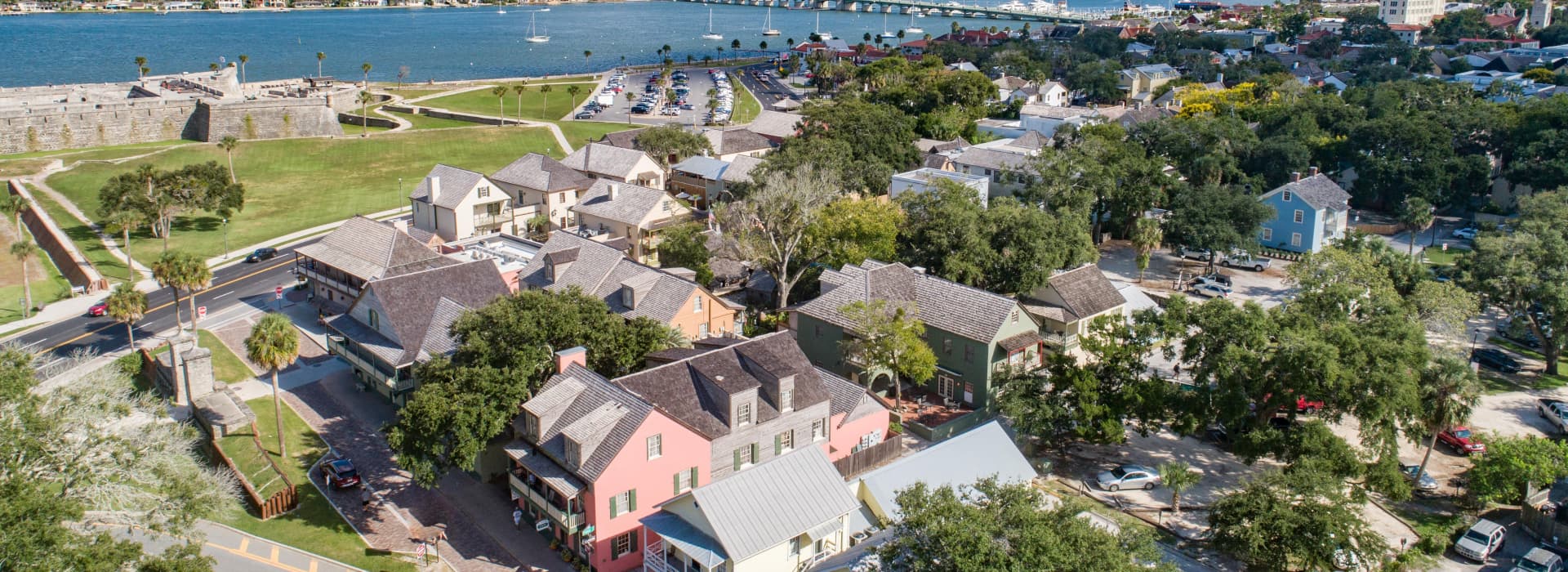 An aerial view of historic buildings and lush greenery near a waterfront with a distant bridge.