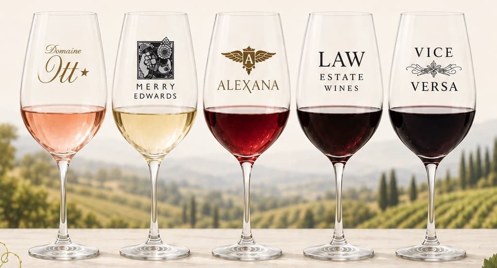 Five wine glasses in a row, each labeled with a different winery name, set against a vineyard backdrop.