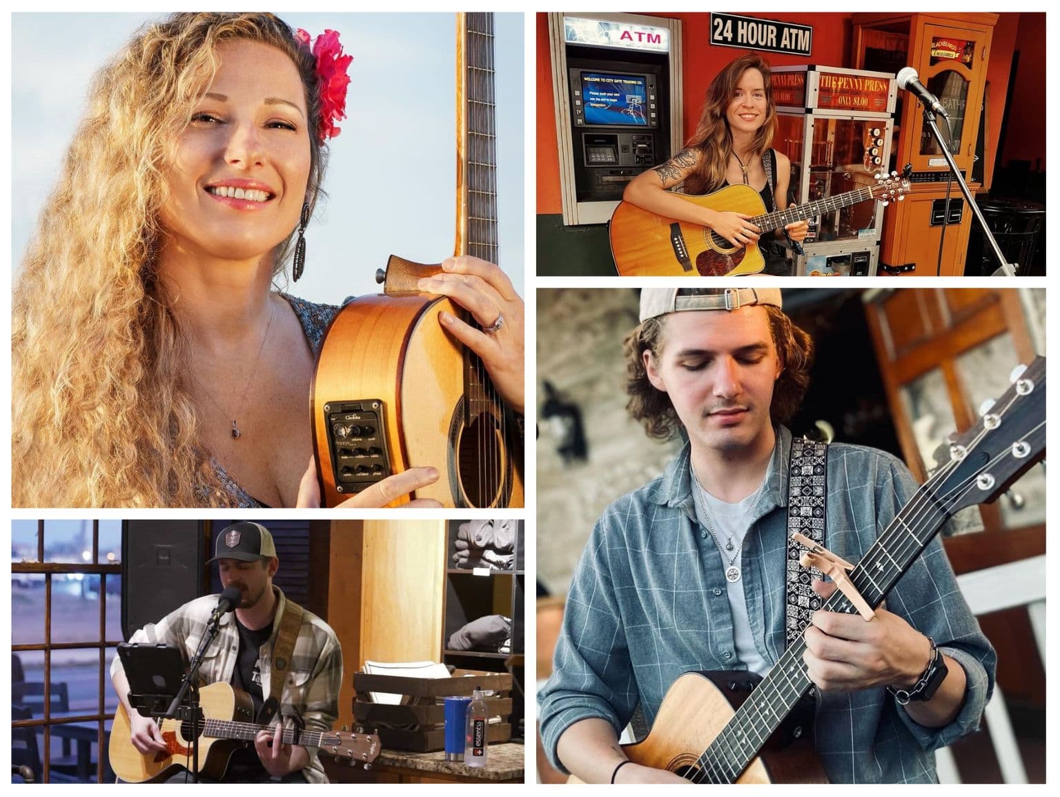 A collage of four musicians, each playing acoustic guitars in various settings.