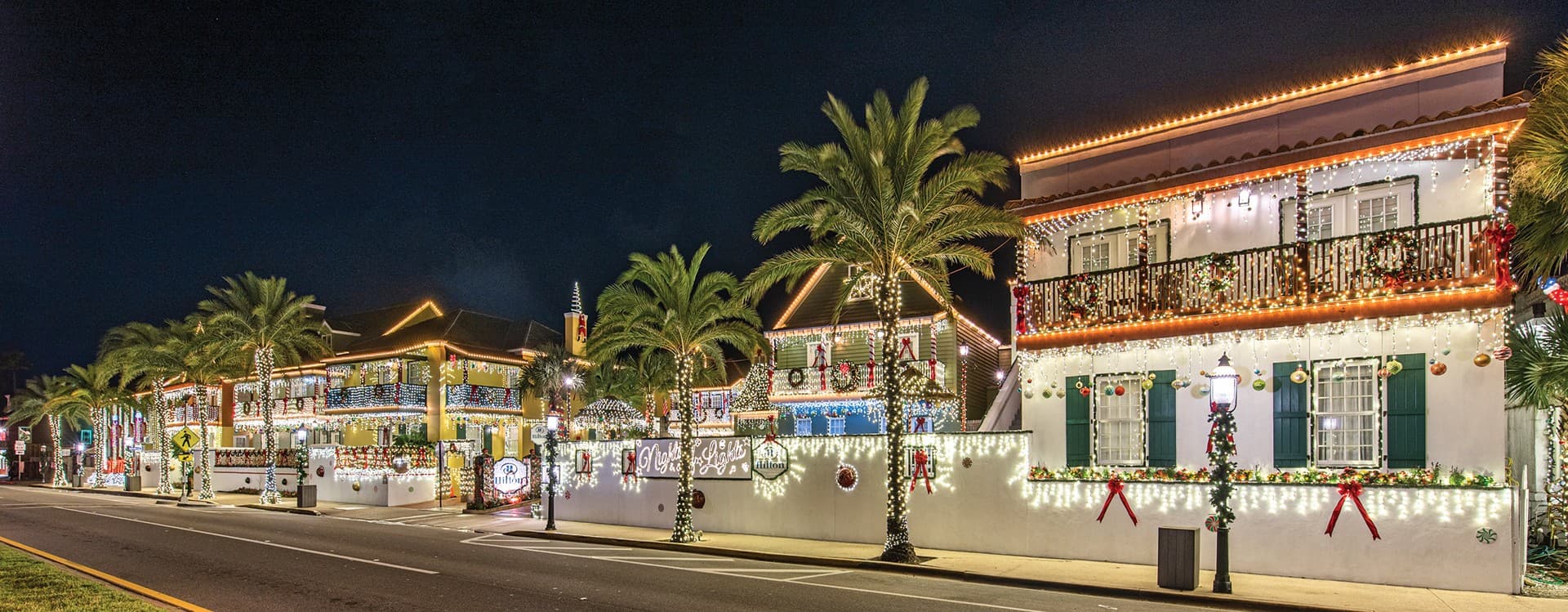 A row of festive houses adorned with colorful Christmas lights and decorations, set against a night sky.