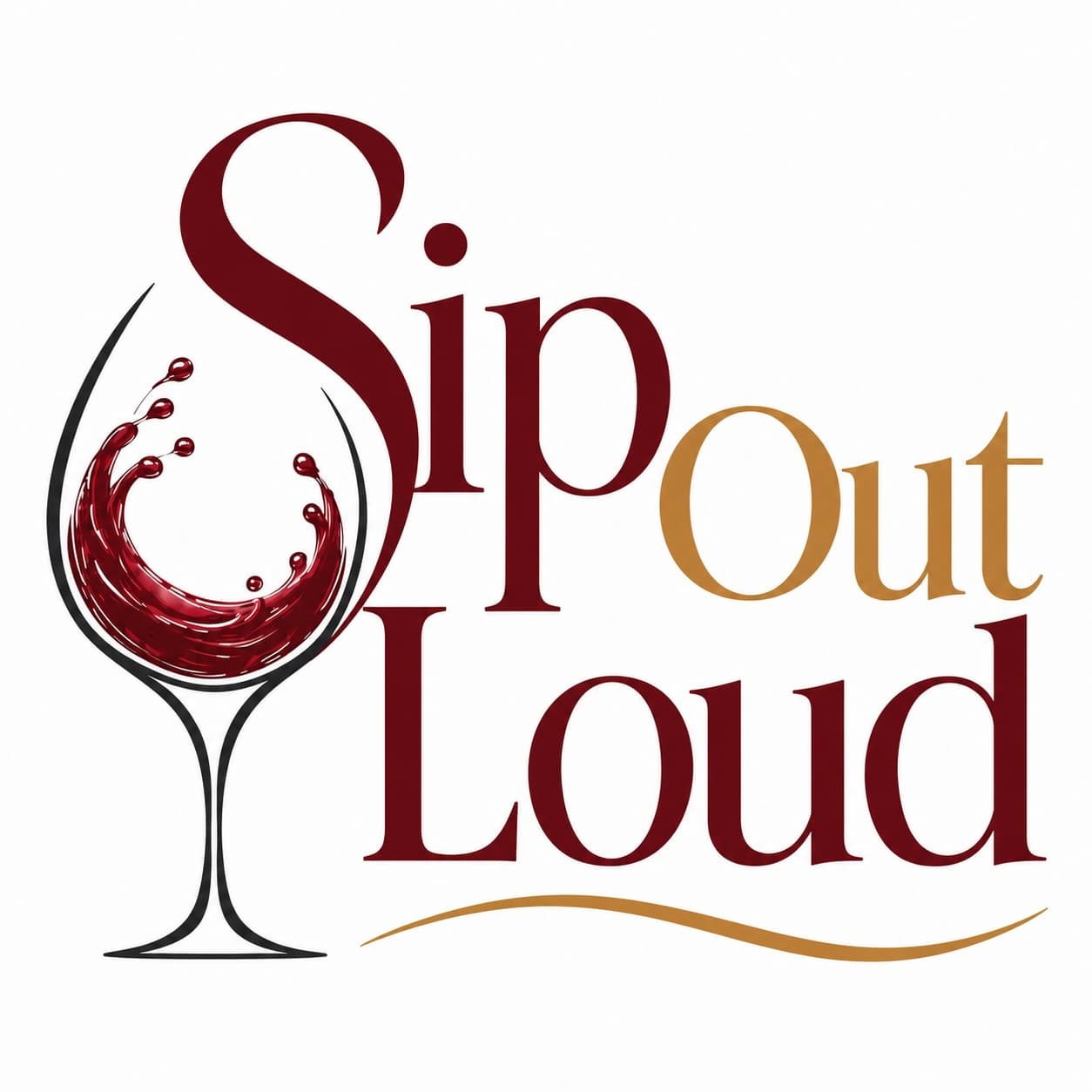 Logo featuring the text "Sip Out Loud" with a wine glass and red wine splashes.