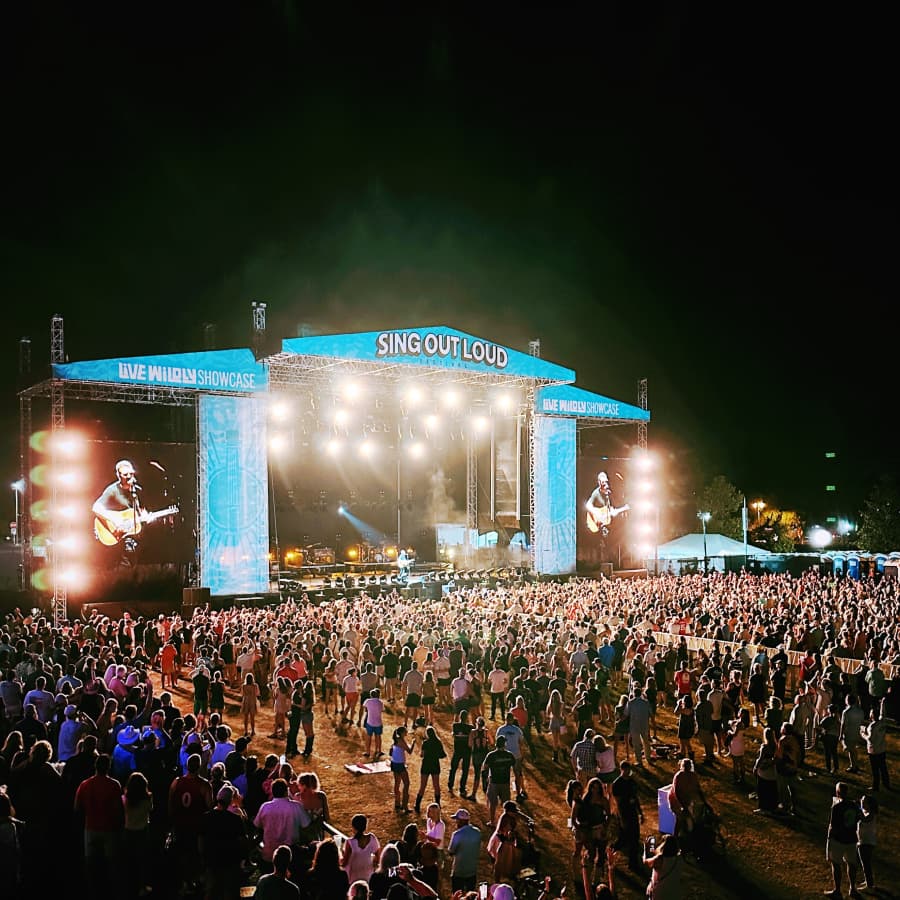 A large crowd enjoys a live music performance at night on an outdoor stage.