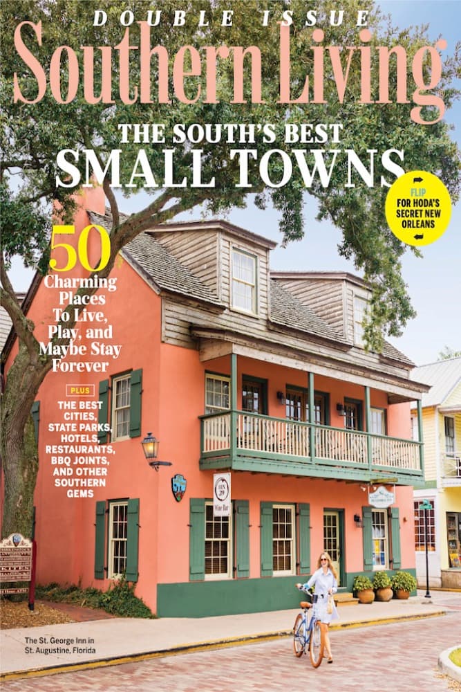 Cover of Southern Living magazine featuring a colorful building and a woman with a bicycle in St. Augustine, Florida.